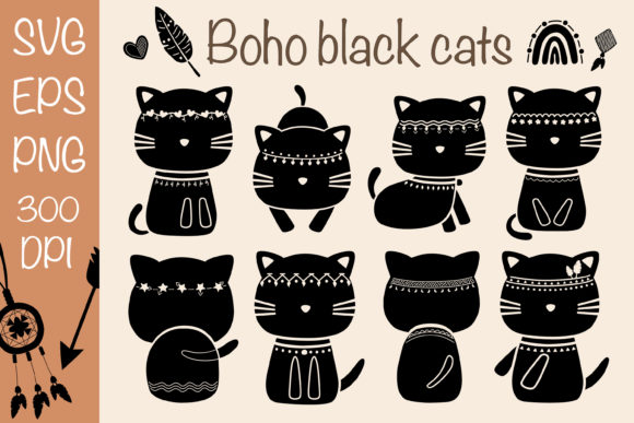 Boho Black Cats clip Art
