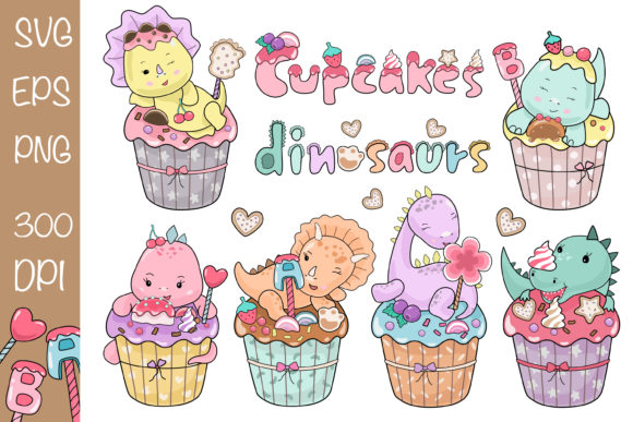Colorful Dinosaur Cupcakes Clip Art