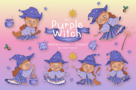 Watercolor Purple Witch Clipart